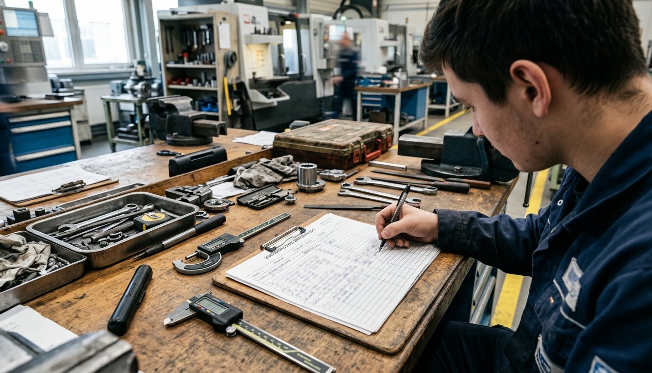Wochenübersicht des Berichtshefts wird am Arbeitsplatz stichwortartig ausgefüllt