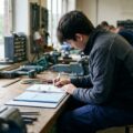 Auszubildender füllt am Werkstattarbeitsplatz seinen Ausbildungsnachweis aus