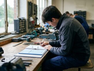 Auszubildender füllt am Werkstattarbeitsplatz seinen Ausbildungsnachweis aus