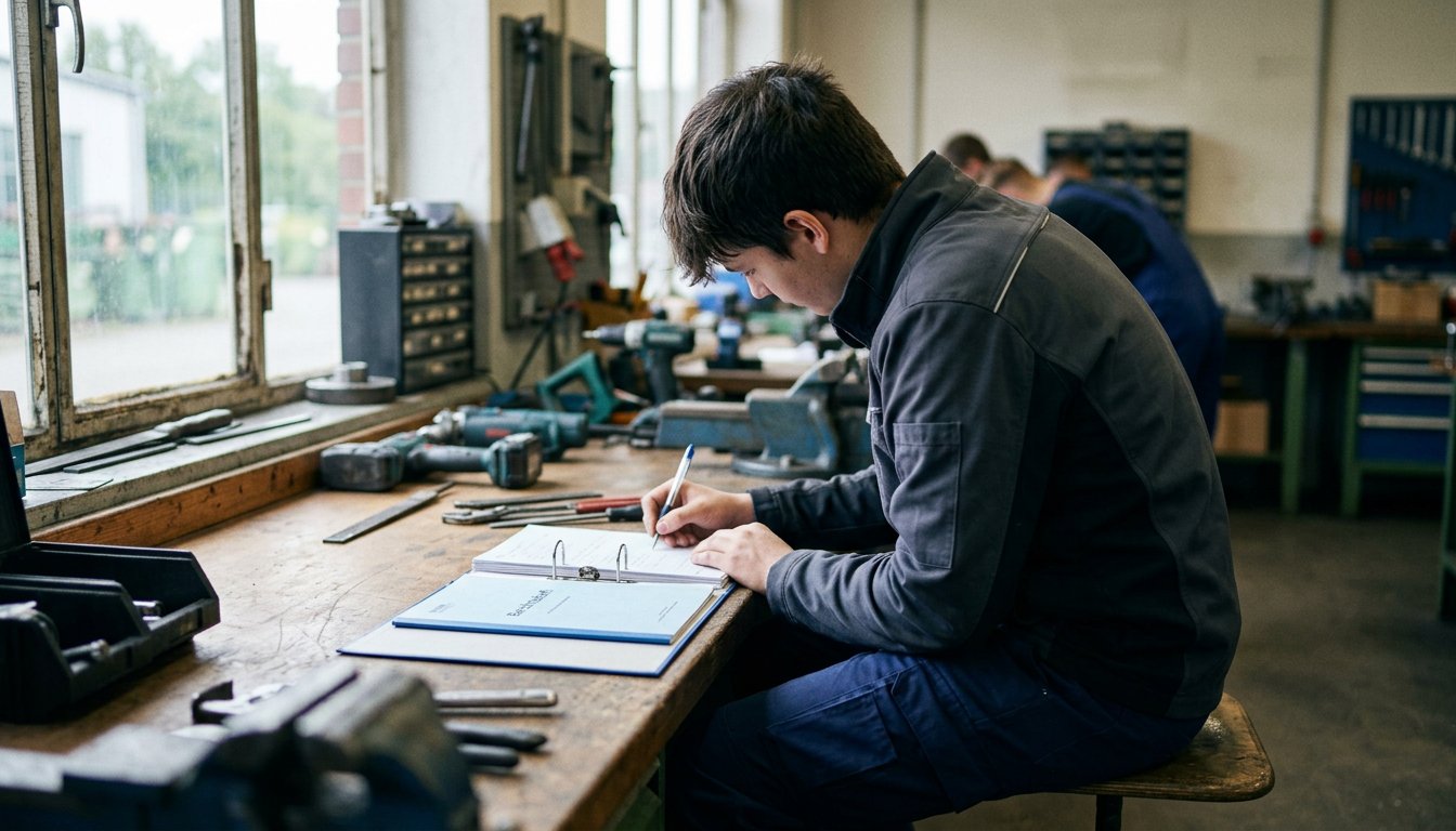 Auszubildender füllt am Werkstattarbeitsplatz seinen Ausbildungsnachweis aus
