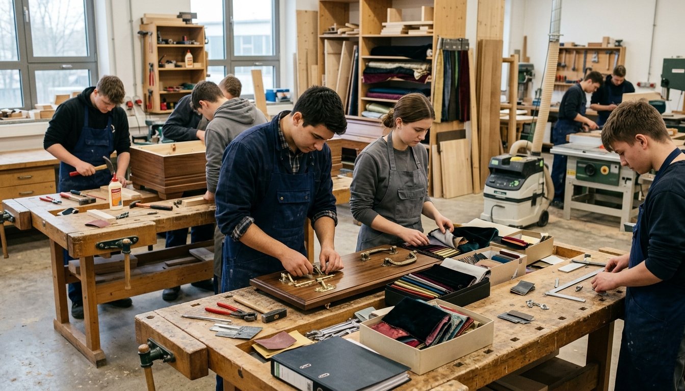 Auszubildende arbeiten in einer Lehrwerkstatt an Werkbänken mit Sargbeschlägen.