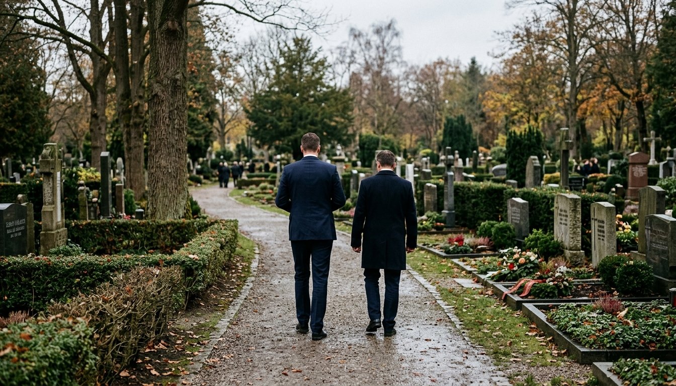 Zwei Bestattungsfachkräfte tragen eine Urne über einen Friedhofsweg.