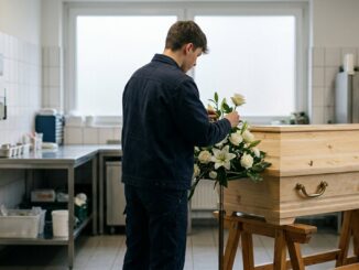 Auszubildende richtet in einem Bestattungsinstitut Blumen neben einem einfachen Holzsarg.