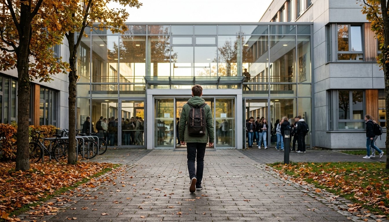 Junger Mensch auf dem Weg in eine neue Ausbildungsstätte