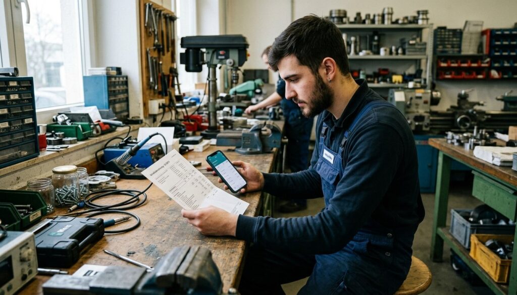 Auszubildender prüft an einer Werkbank seinen Gehaltszettel