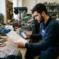Auszubildender prüft an einer Werkbank seinen Gehaltszettel