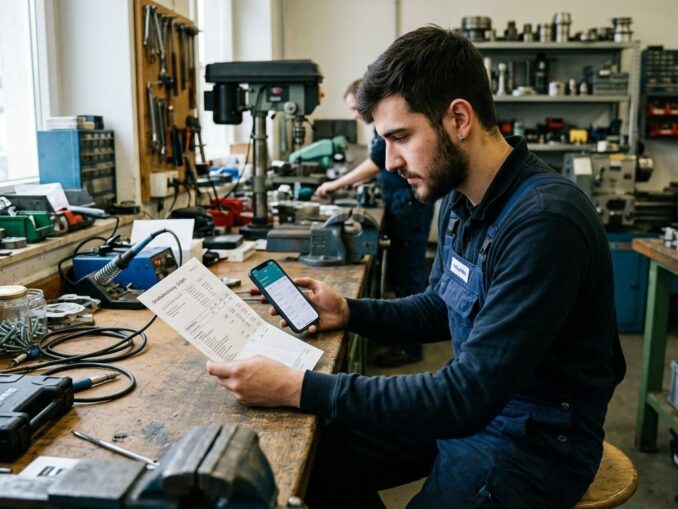 Auszubildender prüft an einer Werkbank seinen Gehaltszettel
