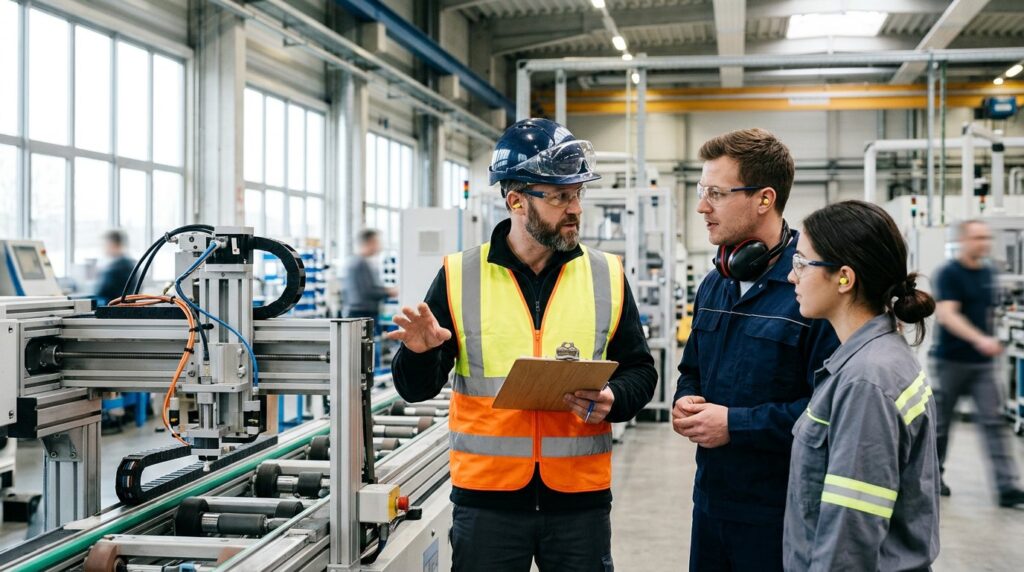 Sicherheitsbeauftragter mit Warnweste und Klemmbrett im Gespräch mit zwei Beschäftigten in einer Produktionshalle