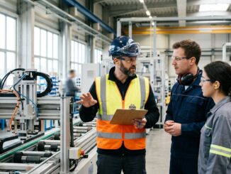 Sicherheitsbeauftragter mit Warnweste und Klemmbrett im Gespräch mit zwei Beschäftigten in einer Produktionshalle