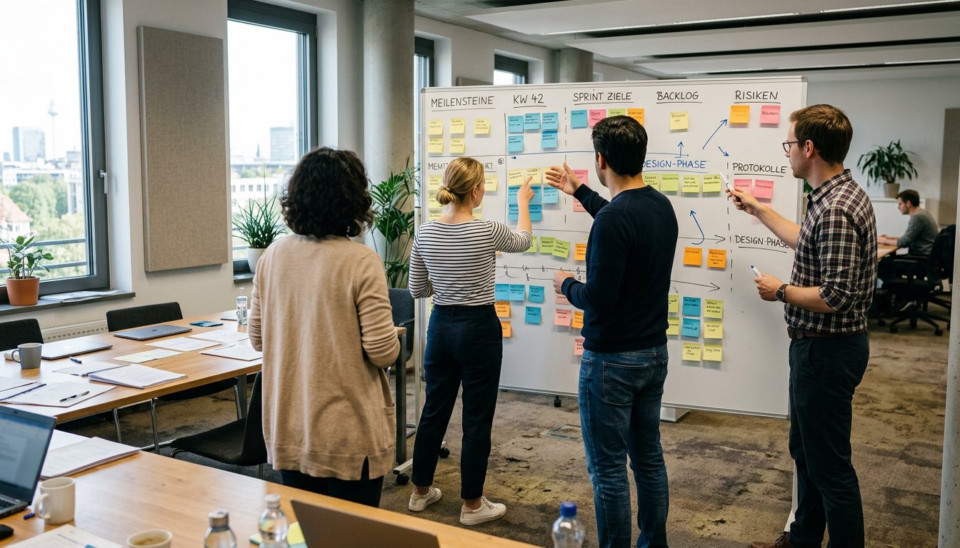 Team bespricht Sprintplanung am Whiteboard