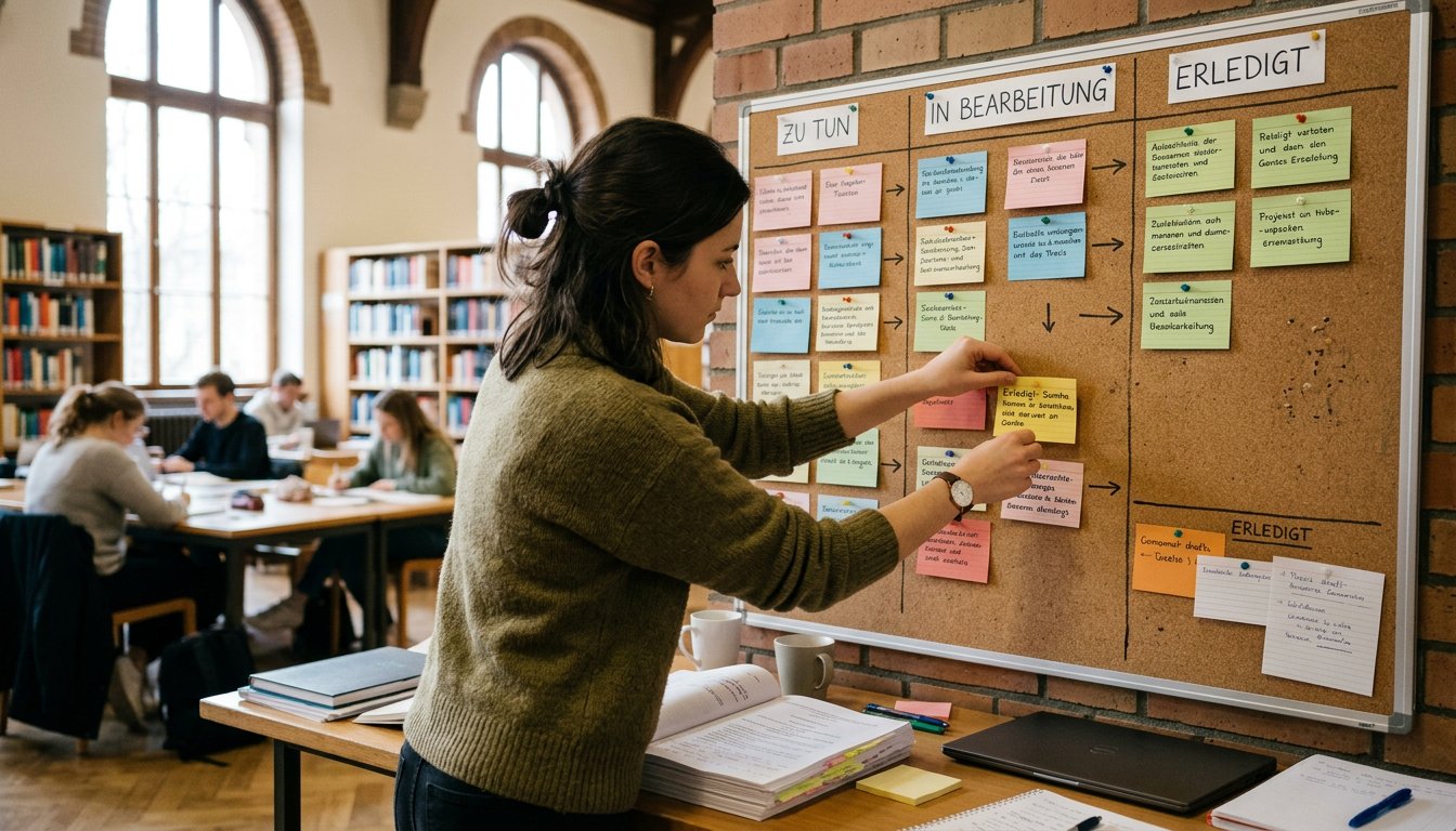 Studierender organisiert Aufgaben auf einem Kanban-Board