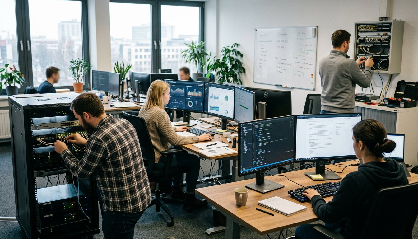 Vier IT-Fachkräfte arbeiten an unterschiedlichen Aufgaben im Büro
