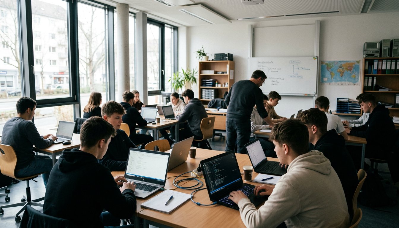 Auszubildende arbeiten im Berufsschulunterricht an Laptops