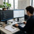 Auszubildender Fachinformatiker arbeitet an zwei Bildschirmen im Büro