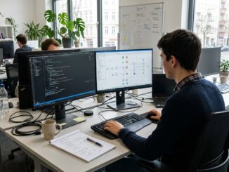 Auszubildender Fachinformatiker arbeitet an zwei Bildschirmen im Büro