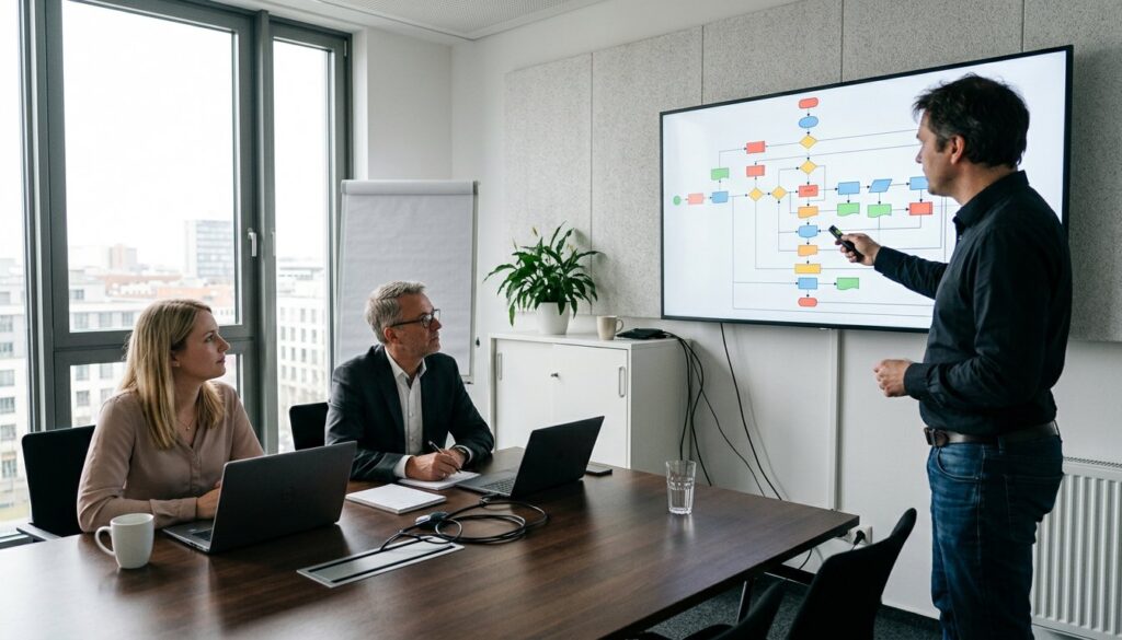 IT-Consultant präsentiert einem Team im Büro eine Prozessanalyse am Bildschirm