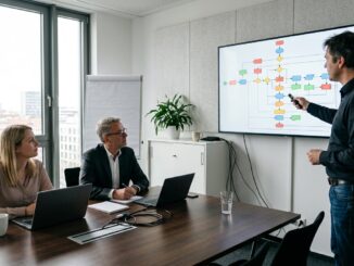 IT-Consultant präsentiert einem Team im Büro eine Prozessanalyse am Bildschirm