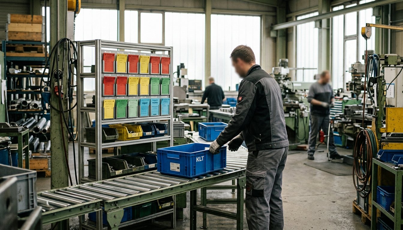 Werker in einer Fertigungshalle mit signalgesteuertem Materialnachschub