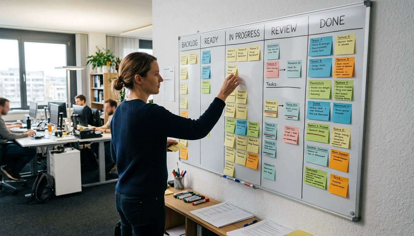 Person ordnet Karten auf einem Kanban-Board mit mehreren Spalten