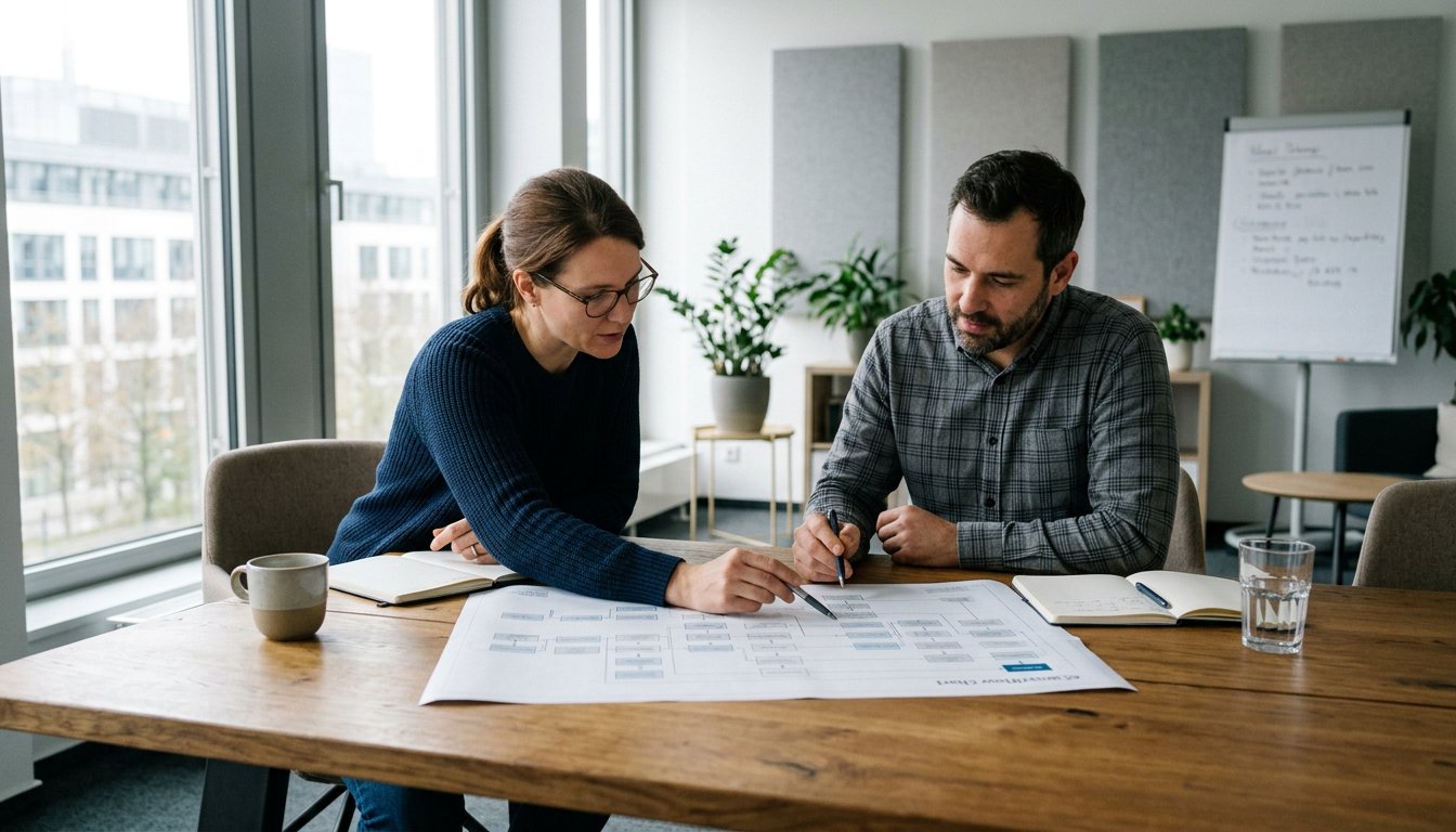 Zwei Kolleginnen besprechen einen Arbeitsablauf anhand eines Ausdrucks