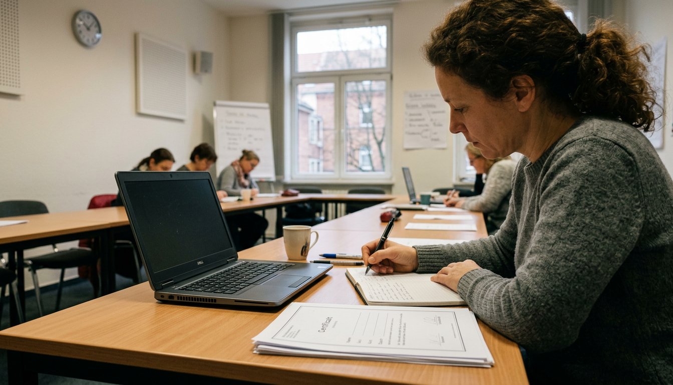 Lernende Person mit Unterlagen zu einer berufsbegleitenden Weiterbildung