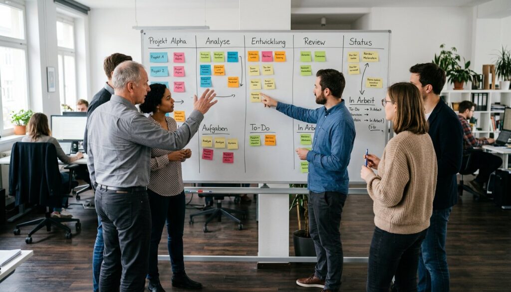 Team bespricht ein Kanban-Board mit Karten in mehreren Spalten
