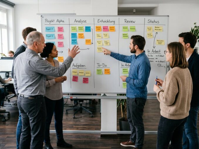 Team bespricht ein Kanban-Board mit Karten in mehreren Spalten