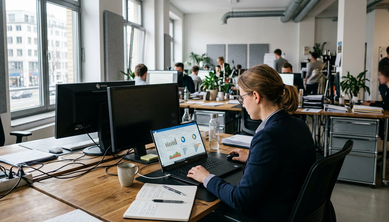 Berater sitzt am Laptop und prüft Auswertungen in einem Büro