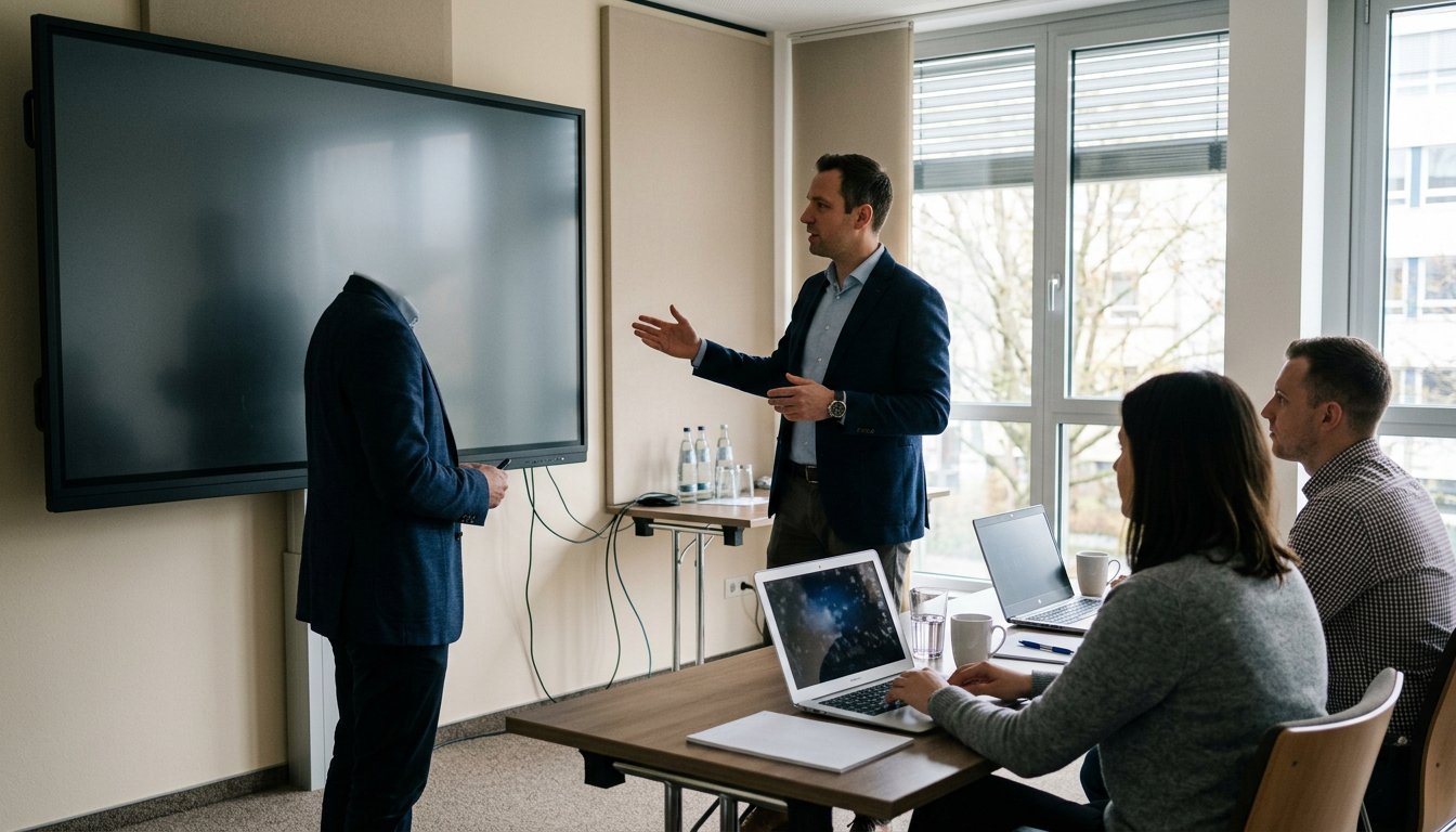 Trainer erklärt Teilnehmenden in einem Schulungsraum Inhalte am Bildschirm