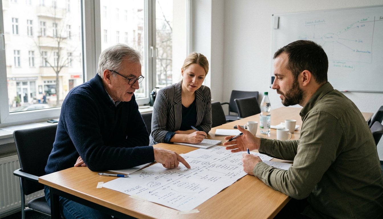 Team bespricht einen Projektablauf anhand eines Ausdrucks im Meetingraum