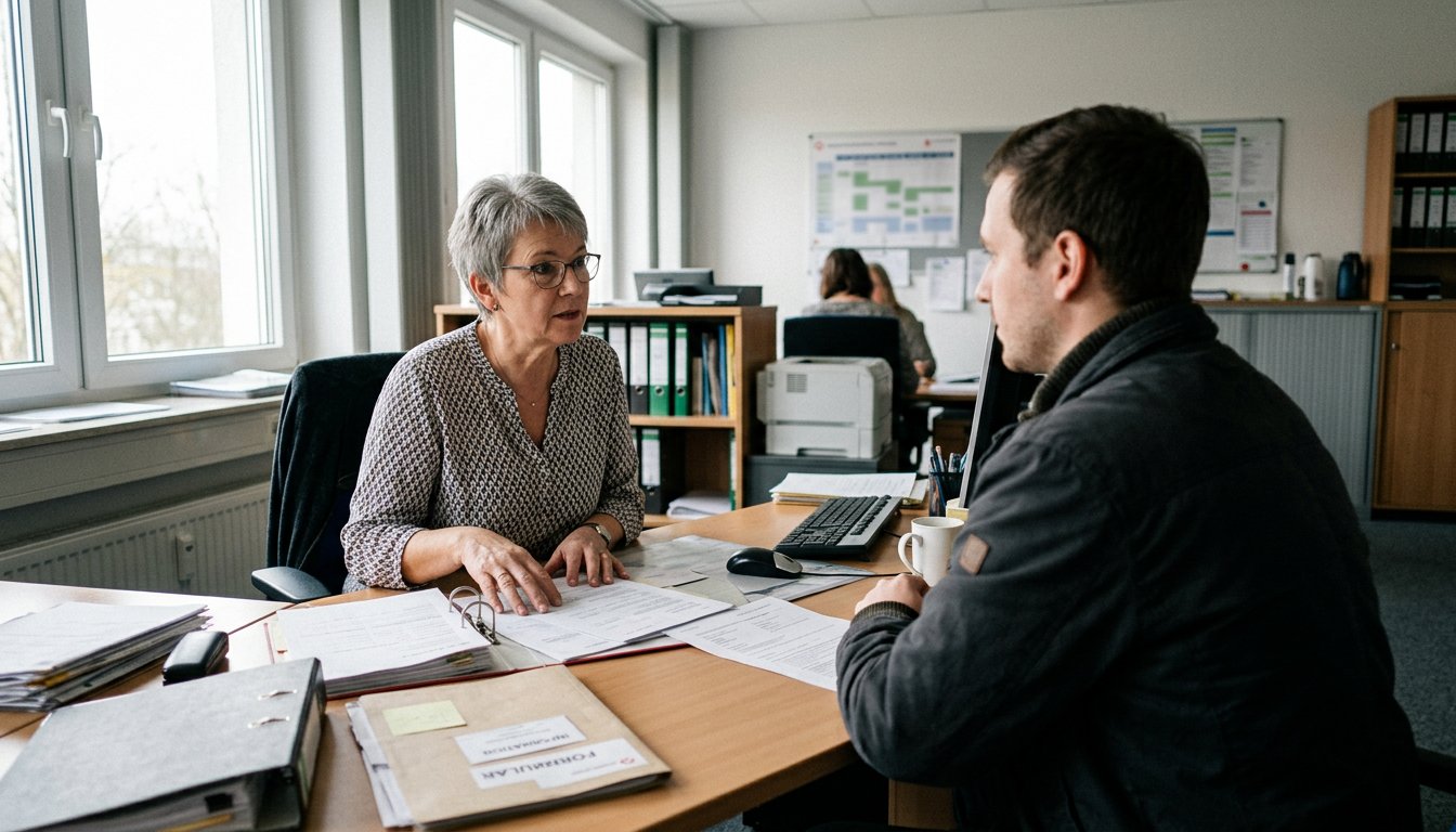 Beratungsgespräch am Schreibtisch mit Unterlagen zwischen zwei Personen