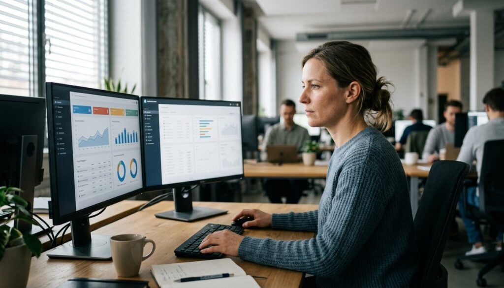Berufstätiger arbeitet am Schreibtisch mit Business-Software auf zwei Monitoren