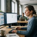 Berufstätiger arbeitet am Schreibtisch mit Business-Software auf zwei Monitoren