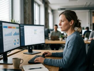 Berufstätiger arbeitet am Schreibtisch mit Business-Software auf zwei Monitoren