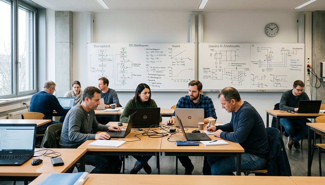 Erwachsene in einer Schulungsgruppe während einer außerbetrieblichen IT-Umschulung