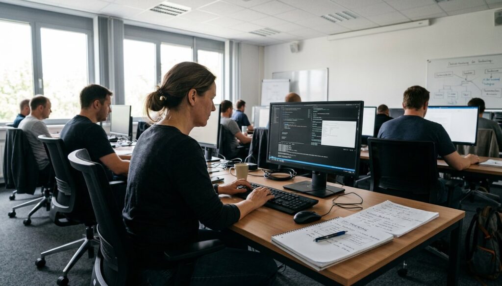 Erwachsener Lernender an einem Computerarbeitsplatz während einer IT-Umschulung