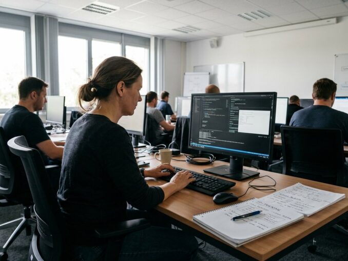 Erwachsener Lernender an einem Computerarbeitsplatz während einer IT-Umschulung