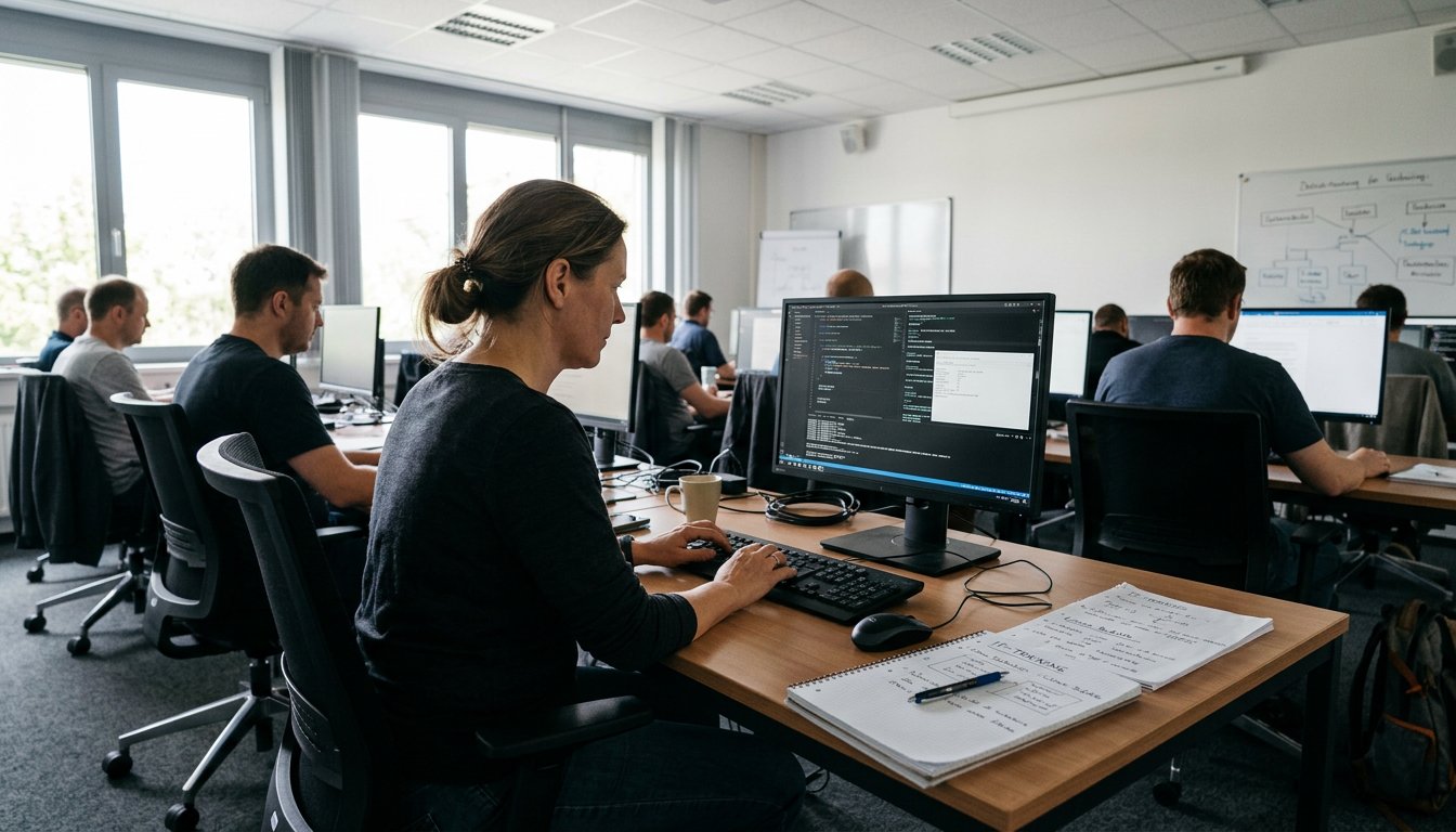 Erwachsener Lernender an einem Computerarbeitsplatz während einer IT-Umschulung