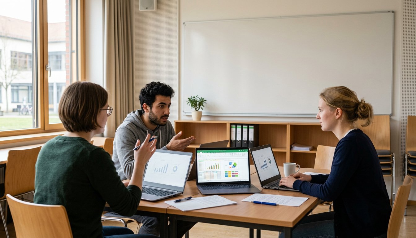 Studierende diskutieren an einem Tisch mit Laptops und Unterlagen