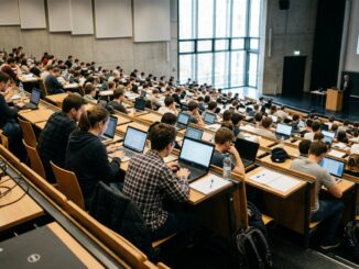 Studierende arbeiten in einem Hörsaal an Laptops