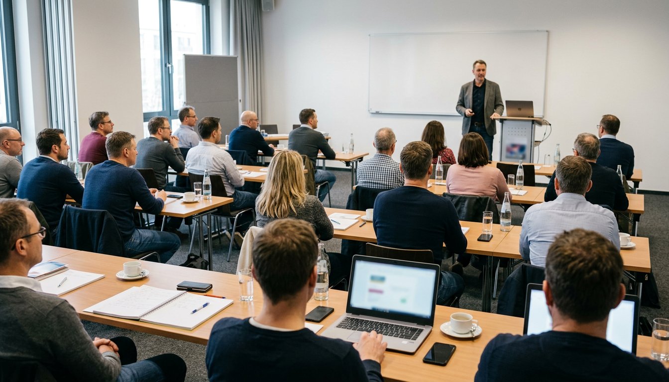 Erwachsene Teilnehmende in einem Seminarraum einer beruflichen Weiterbildung