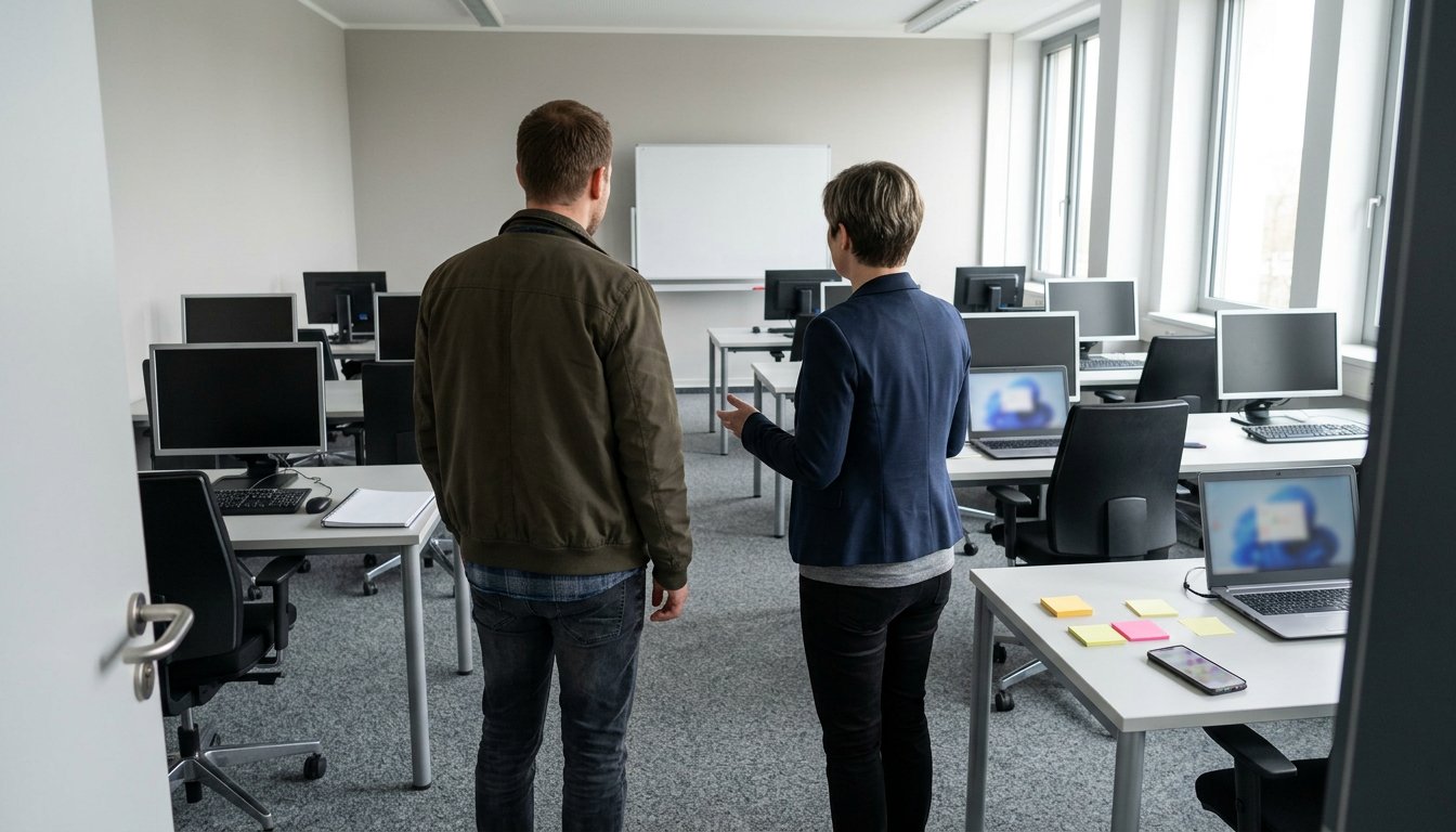 Interessent besichtigt einen Schulungsraum mit Computerarbeitsplätzen