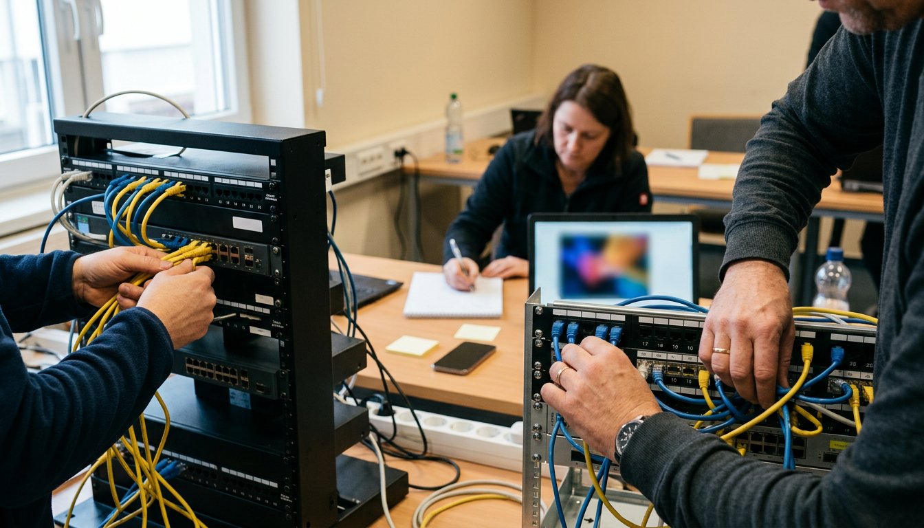 Praktische Übung an einem Netzwerkschrank während einer Umschulung