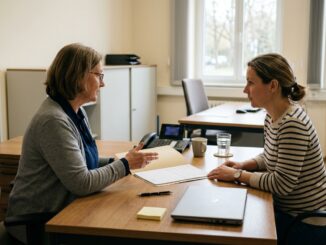 Beratungsgespräch am Schreibtisch mit Unterlagen zur Förderung einer Weiterbildung