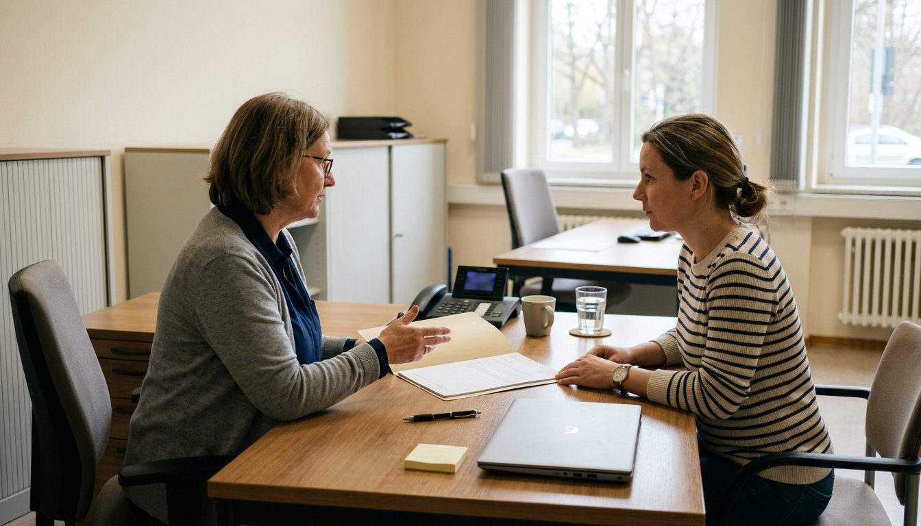 Beratungsgespräch am Schreibtisch mit Unterlagen zur Förderung einer Weiterbildung