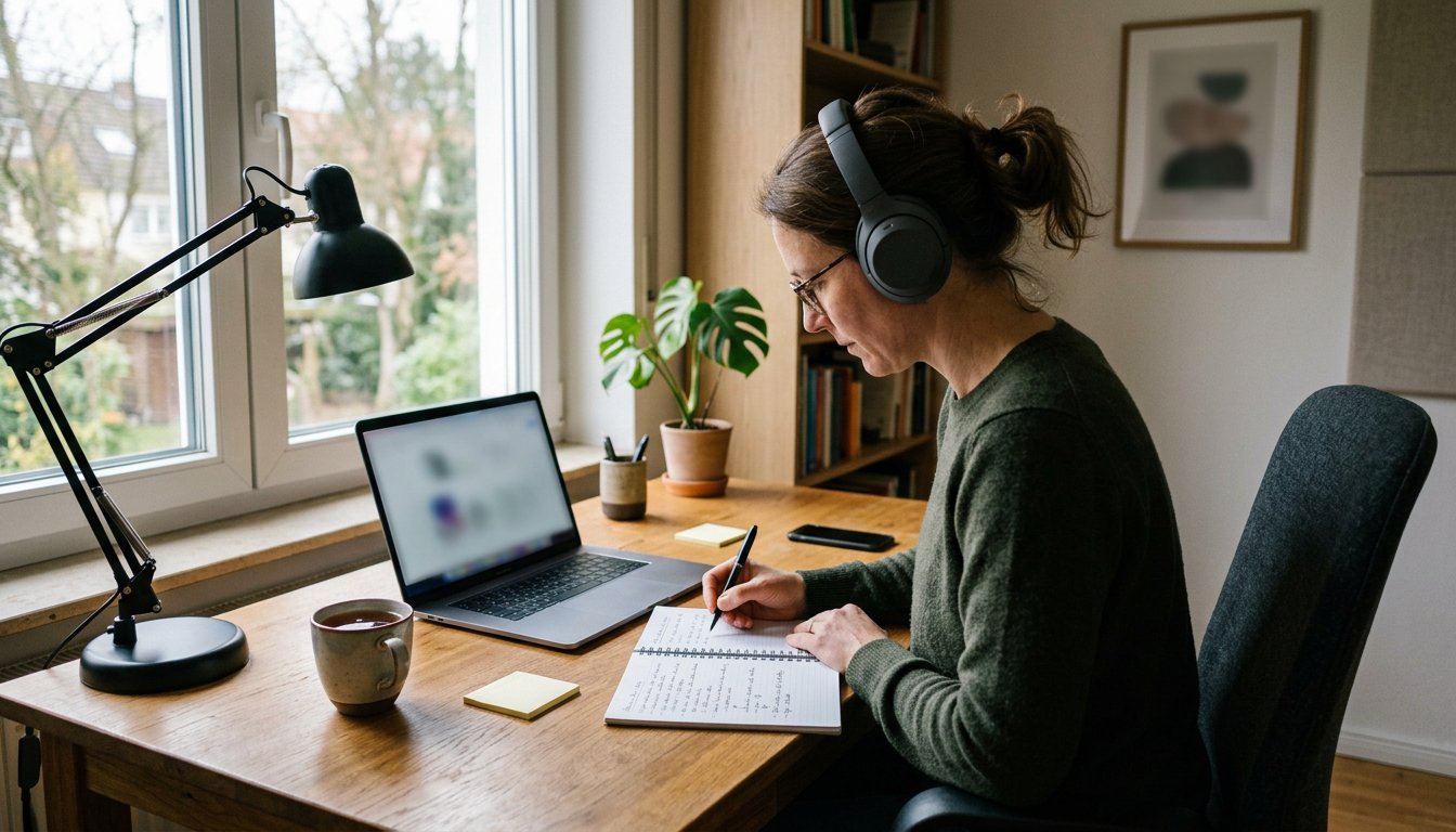 Person mit Kopfhörern macht sich am Schreibtisch im Homeoffice Notizen neben einem Laptop