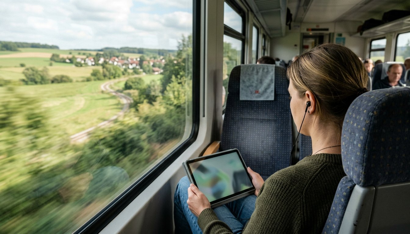 Pendlerin lernt im Regionalzug mit einem Tablet und Ohrhörern