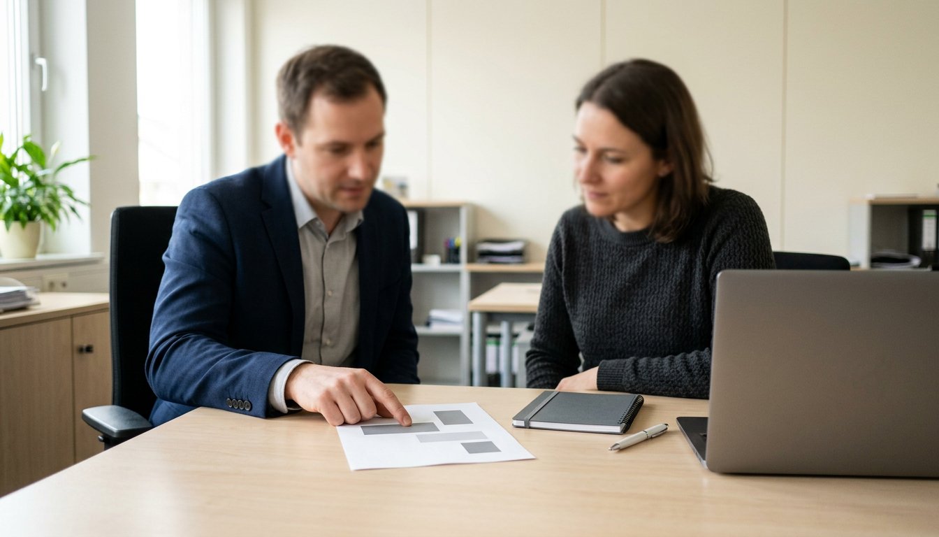 Beratungsgespräch am Schreibtisch über eine ausgedruckte Kursübersicht