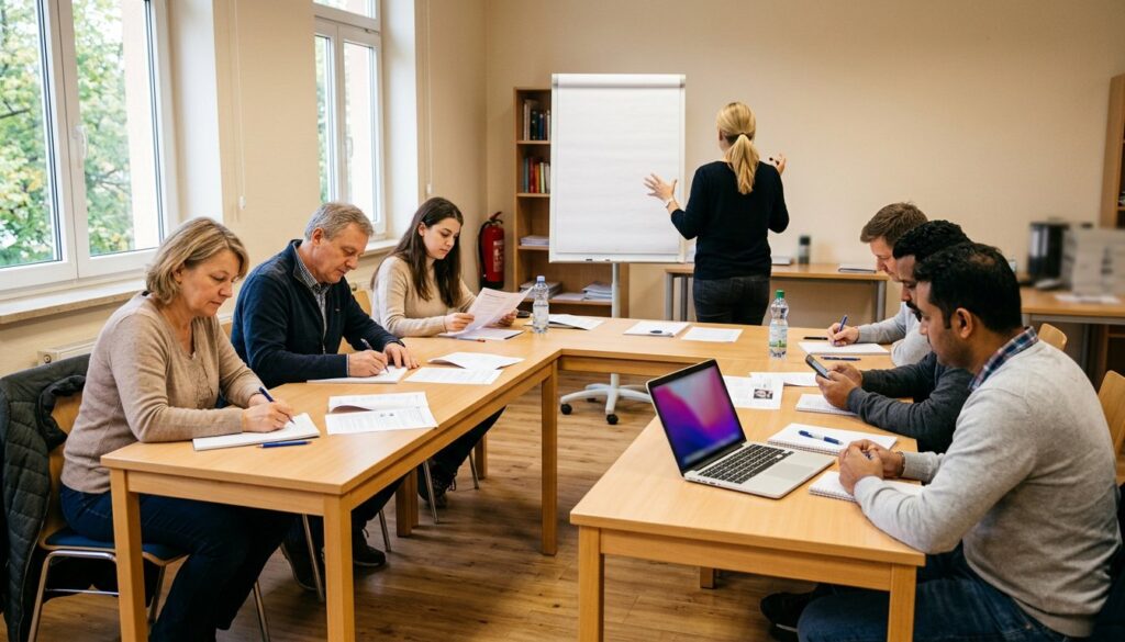 Kleine Lerngruppe arbeitet in einem hellen Seminarraum an Tischen, eine Trainerin steht am leeren Flipchart