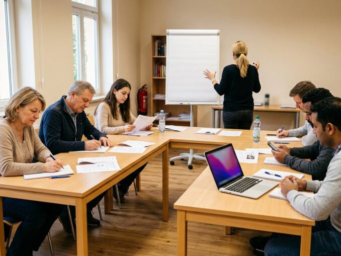 Kleine Lerngruppe arbeitet in einem hellen Seminarraum an Tischen, eine Trainerin steht am leeren Flipchart